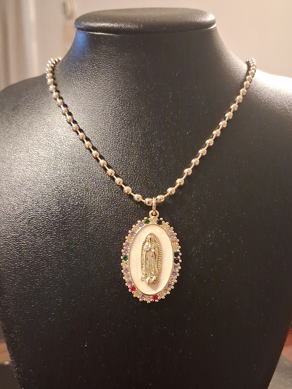 18k GF Virgin Mary Pendant On A Ball Beaded Chain Necklace New